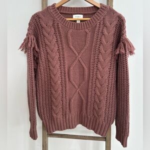 Everly Cable Knit Crewneck Sweater Mauve Fringe Sleeves Women’s Size Small